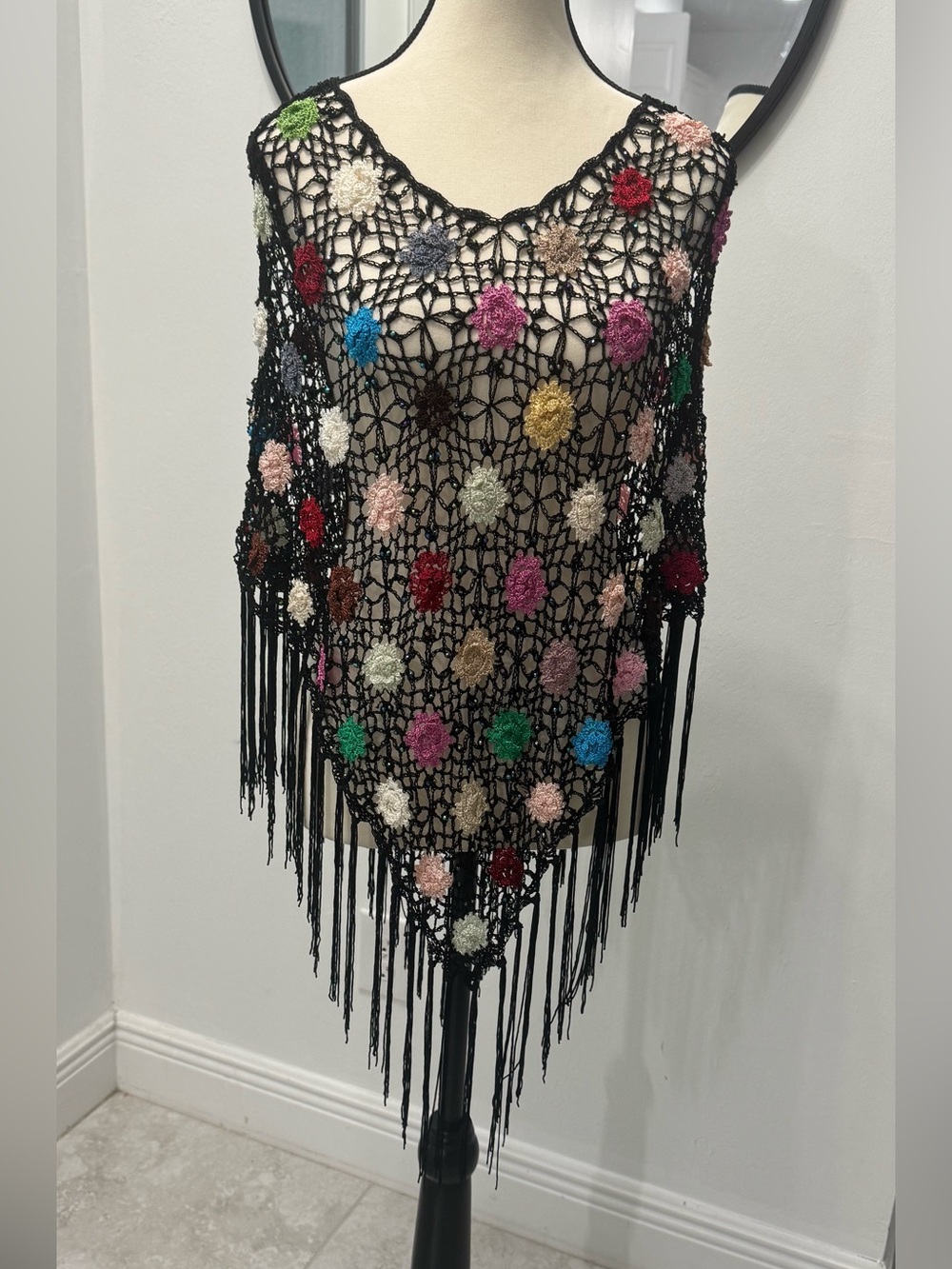 Y2K
Black Crochet Floral Fringe Poncho with Multicolor Flowers - Picture 1 of 7